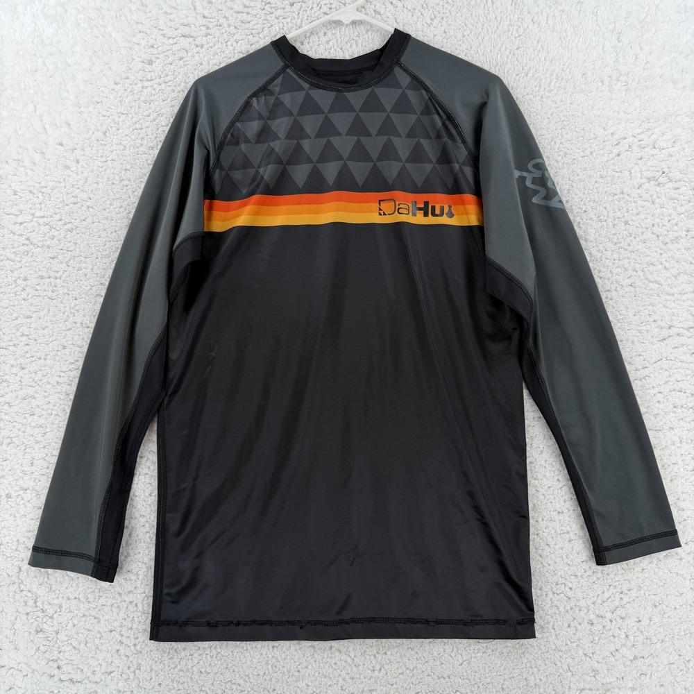 Da Hui Mens XL Black Gray Long Sleeve Rash Guard Surf Swim Athletic Top